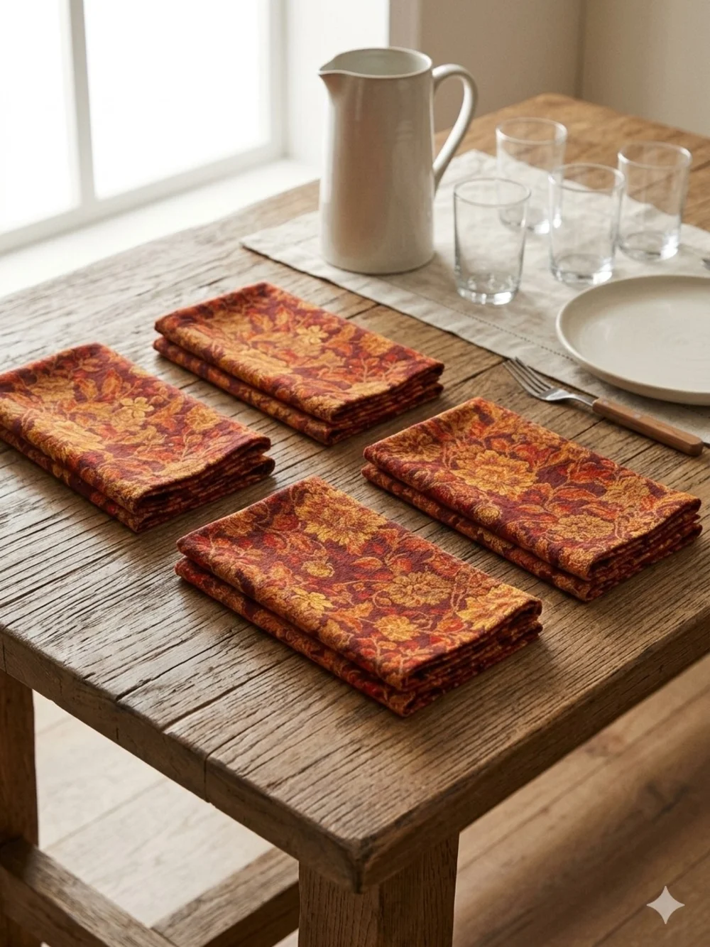 Crate & Barrel Cotton Tapestry Napkins 8pc Set Orange Red Floral Fall Holiday
